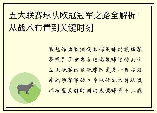 五大联赛球队欧冠冠军之路全解析：从战术布置到关键时刻