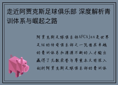 走近阿贾克斯足球俱乐部 深度解析青训体系与崛起之路